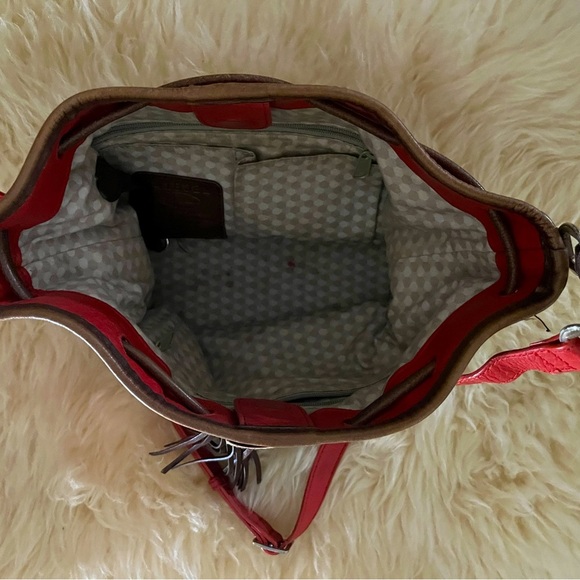Brighton Red Leather Bucket Crossbody Bag Tassels Silver Hardware - Picture 4 of 5